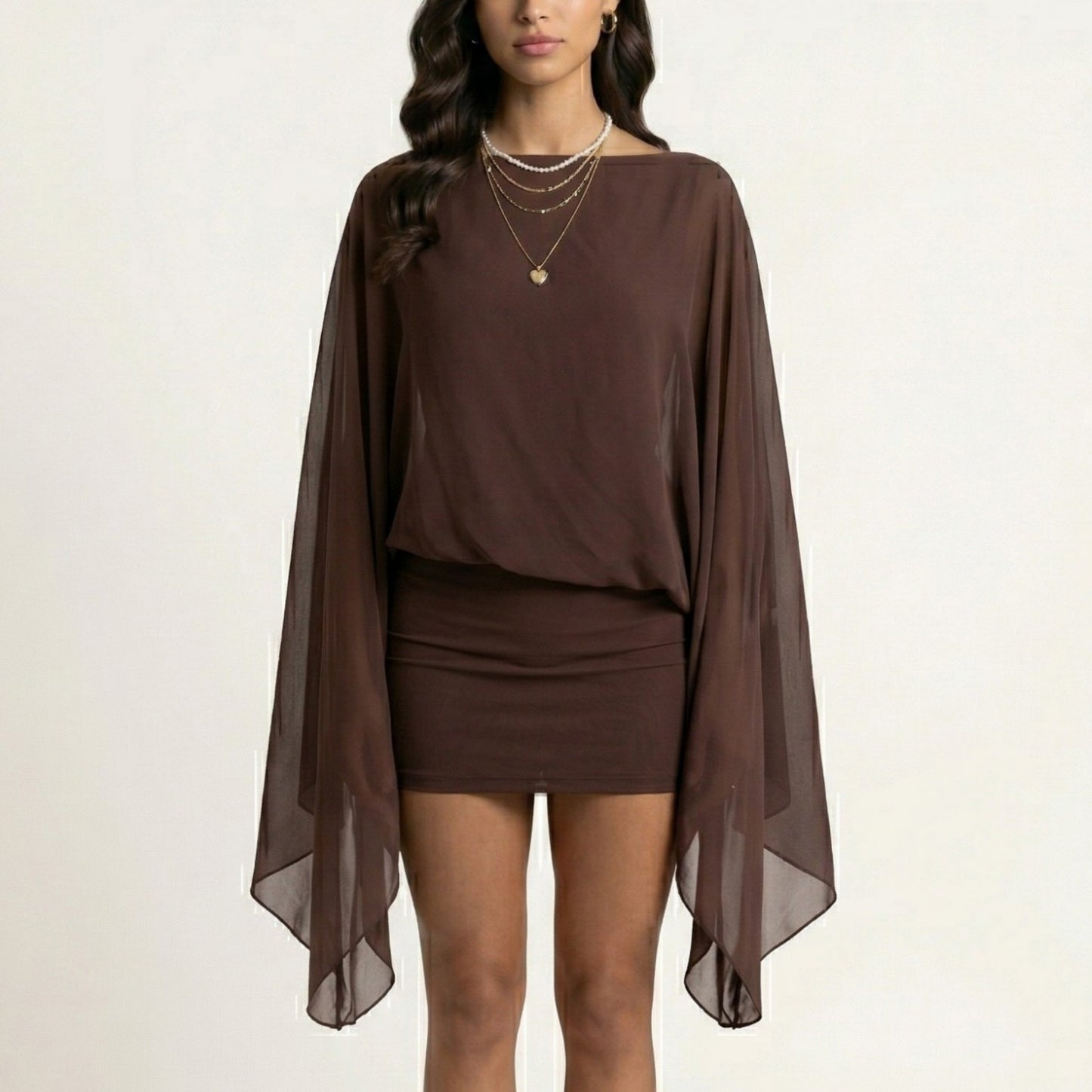 Mini Dress with Sheer Draped Long Sleeves and Fitted Skirt Elegant Party Outfit