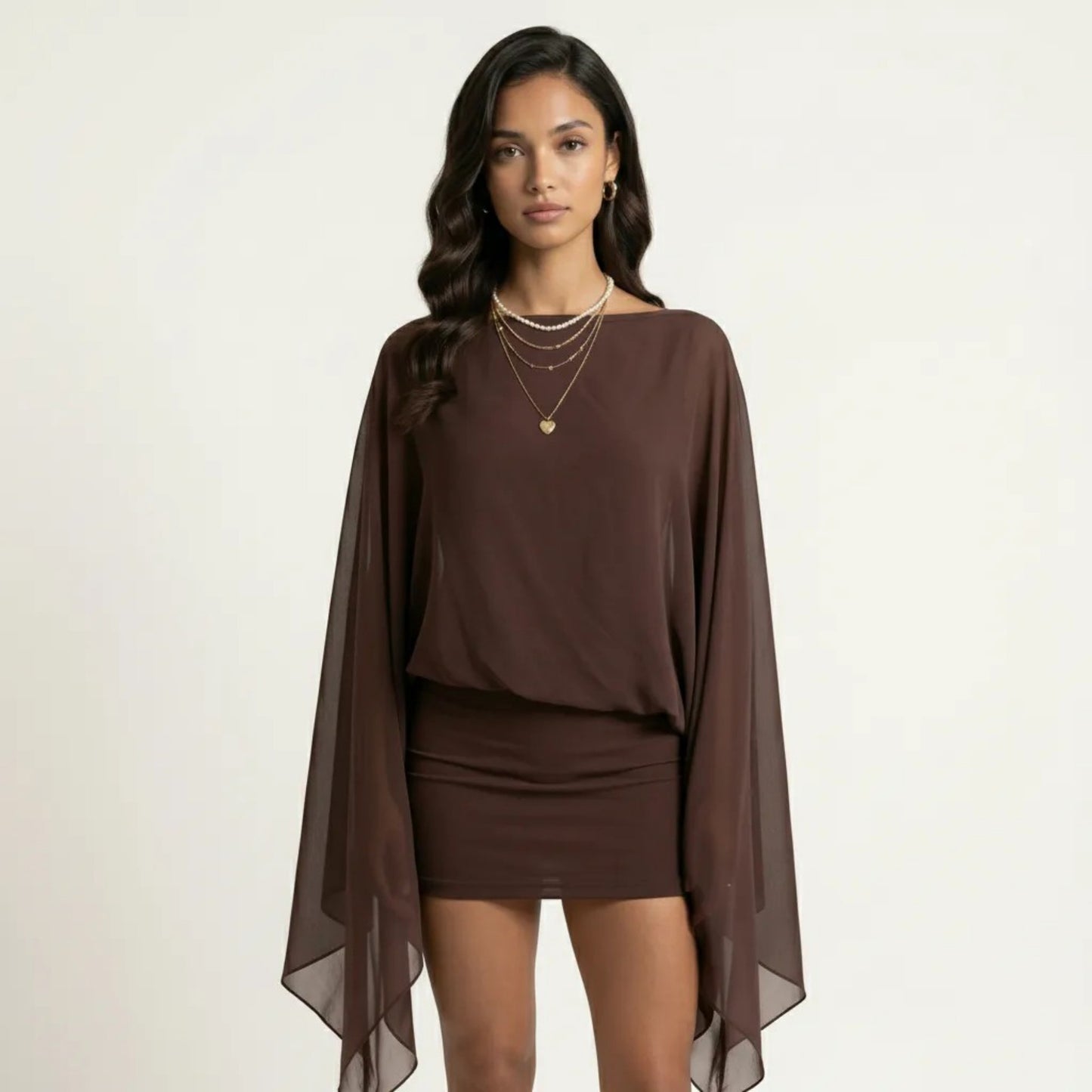 Mini Dress with Sheer Draped Long Sleeves and Fitted Skirt Elegant Party Outfit