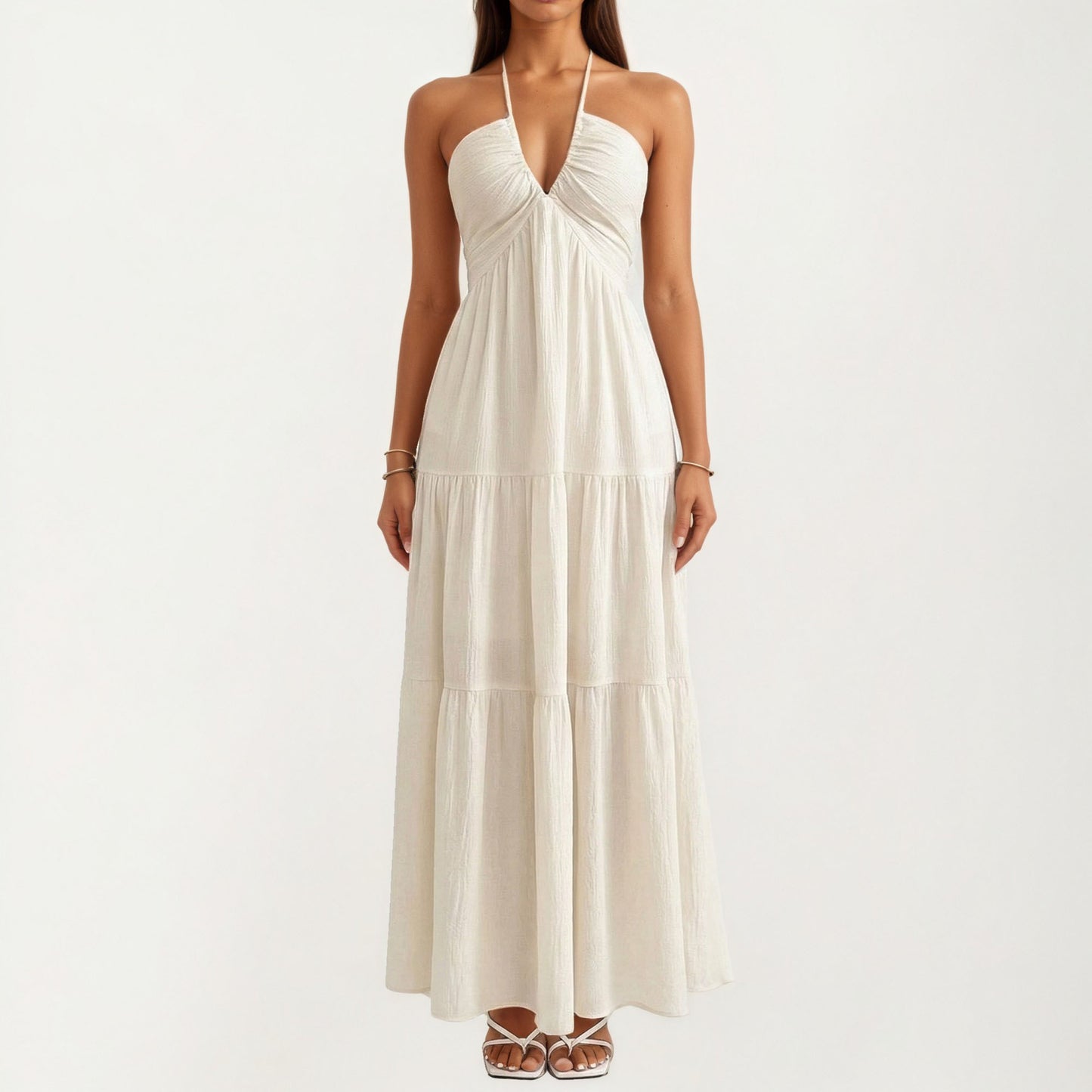 Halter Neck Tiered Maxi Dress with Twist Front Bodice Flowing A Line Silhouette