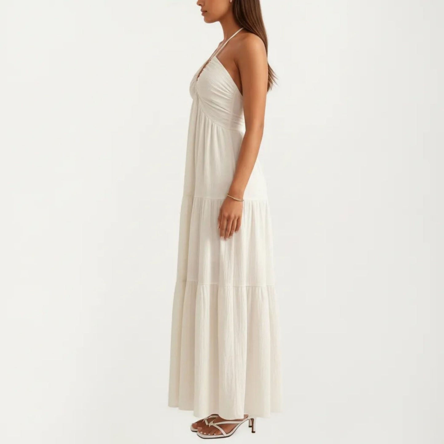 Halter Neck Tiered Maxi Dress with Twist Front Bodice Flowing A Line Silhouette