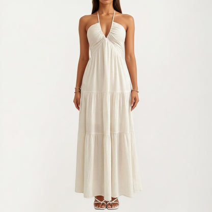 Halter Neck Tiered Maxi Dress with Twist Front Bodice Flowing A Line Silhouette