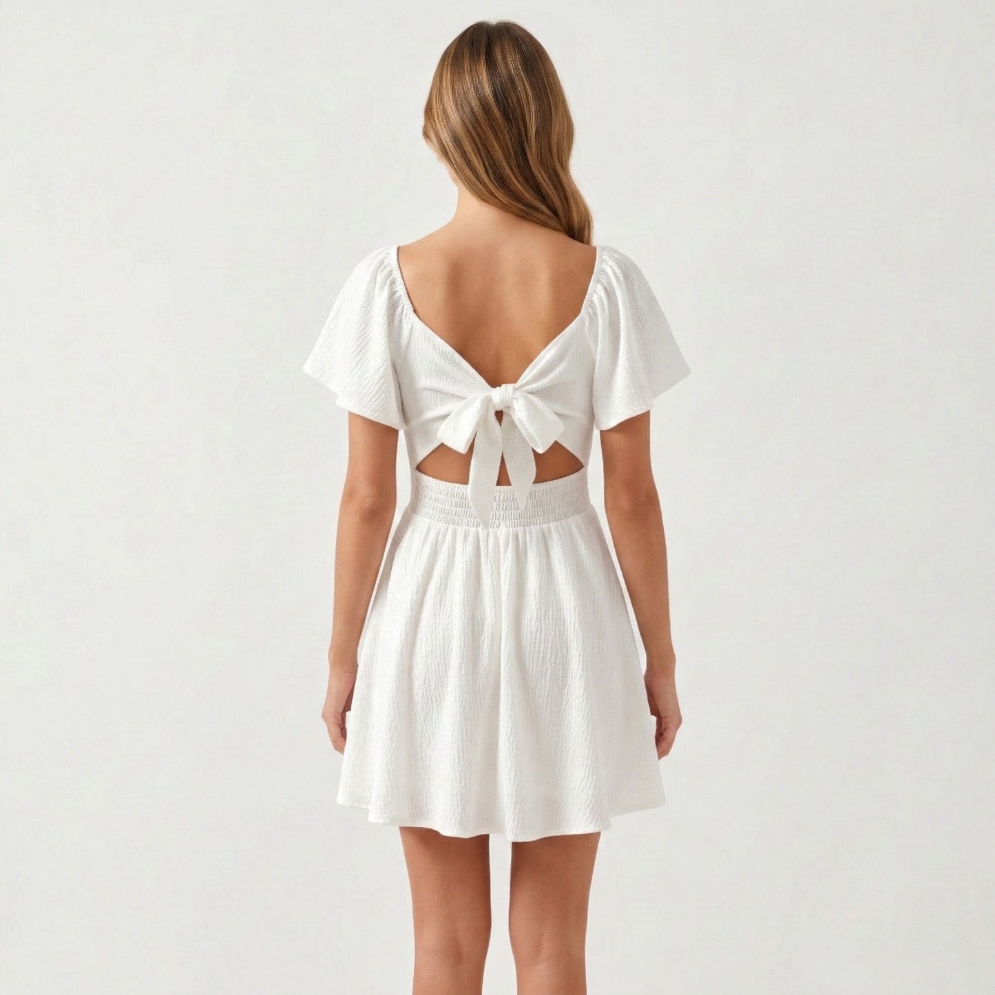Sweetheart Twist Front Mini Dress with Flutter Sleeves Smocked Back Flowy A Line Silhouette