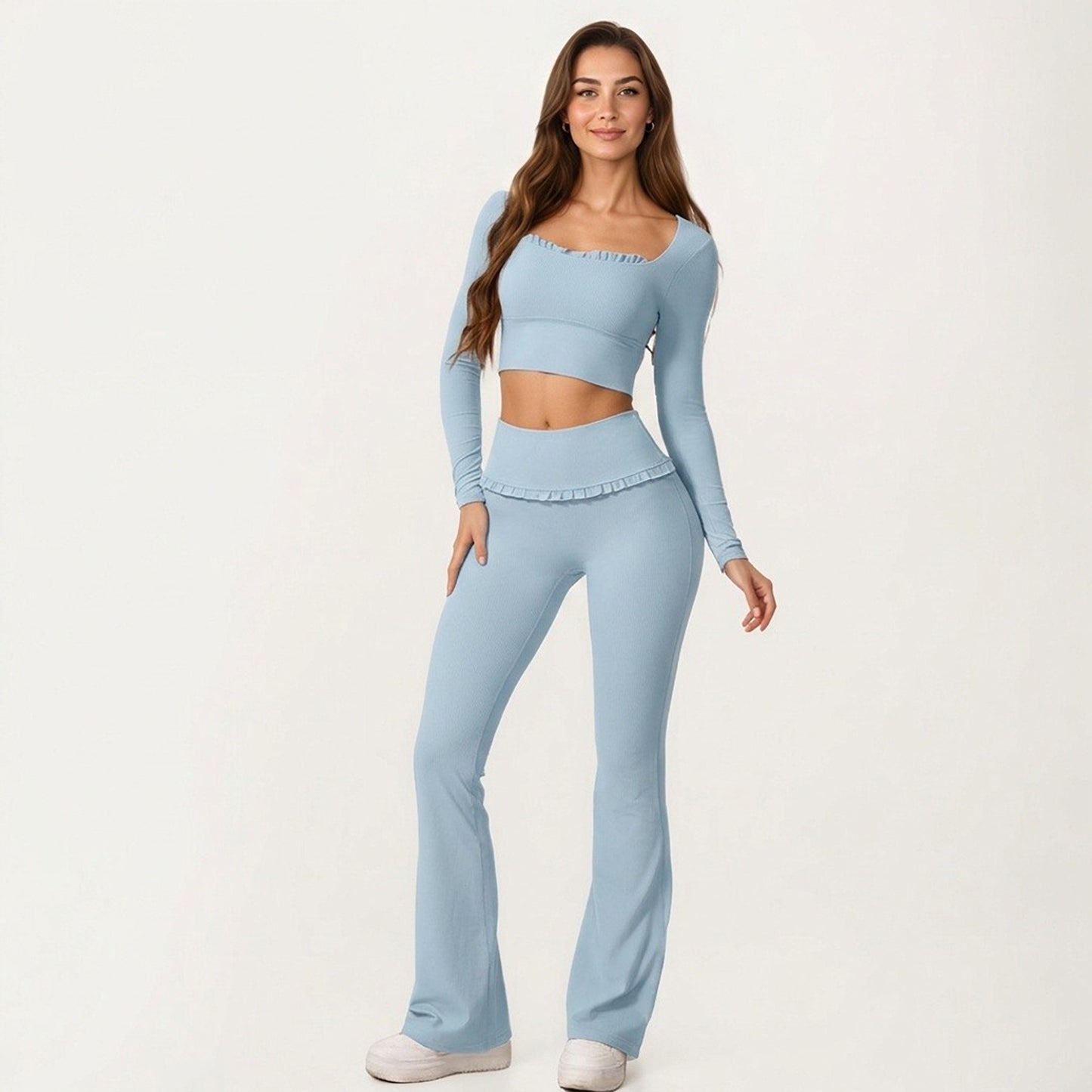 Long Sleeve Square Neck Crop Top Ruffle Trim Stretch Activewear Fitted Workout Top