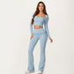 Long Sleeve Square Neck Crop Top Ruffle Trim Stretch Activewear Fitted Workout Top