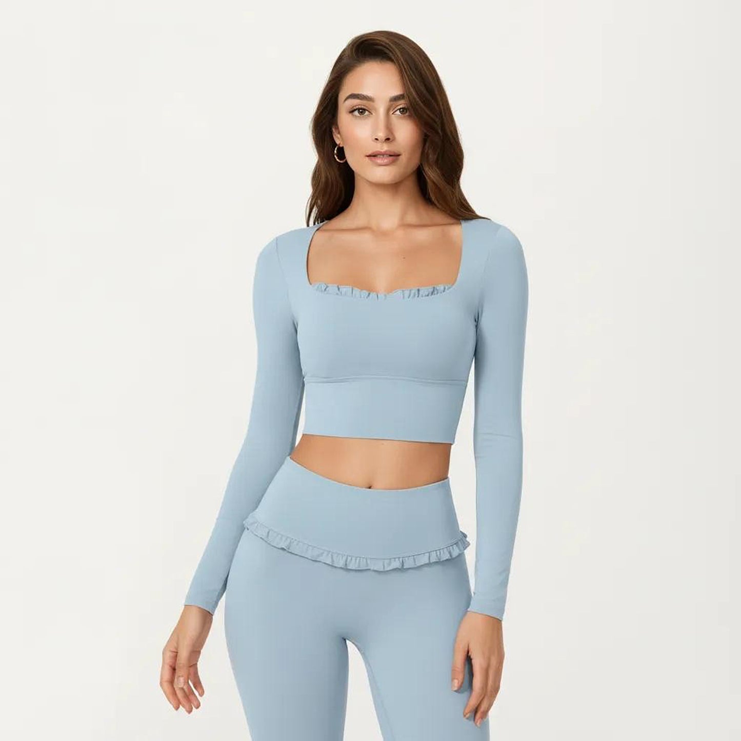 Long Sleeve Square Neck Crop Top Ruffle Trim Stretch Activewear Fitted Workout Top