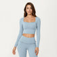 Long Sleeve Square Neck Crop Top Ruffle Trim Stretch Activewear Fitted Workout Top