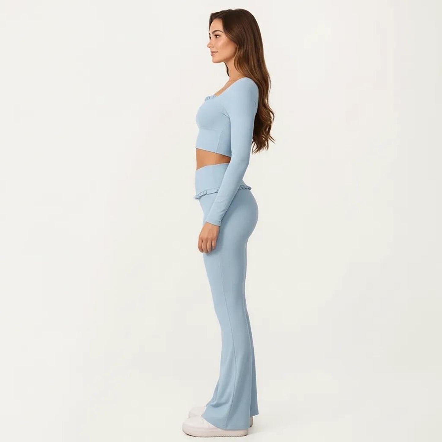Long Sleeve Square Neck Crop Top Ruffle Trim Stretch Activewear Fitted Workout Top