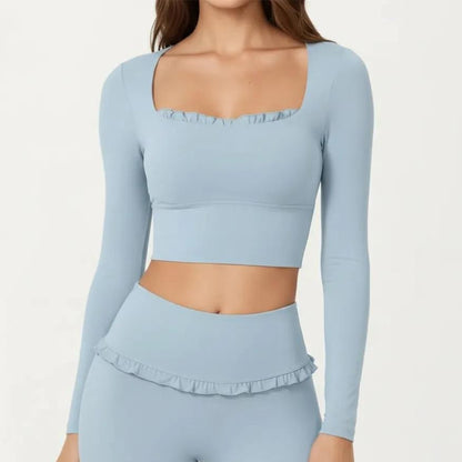 Long Sleeve Square Neck Crop Top Ruffle Trim Stretch Activewear Fitted Workout Top