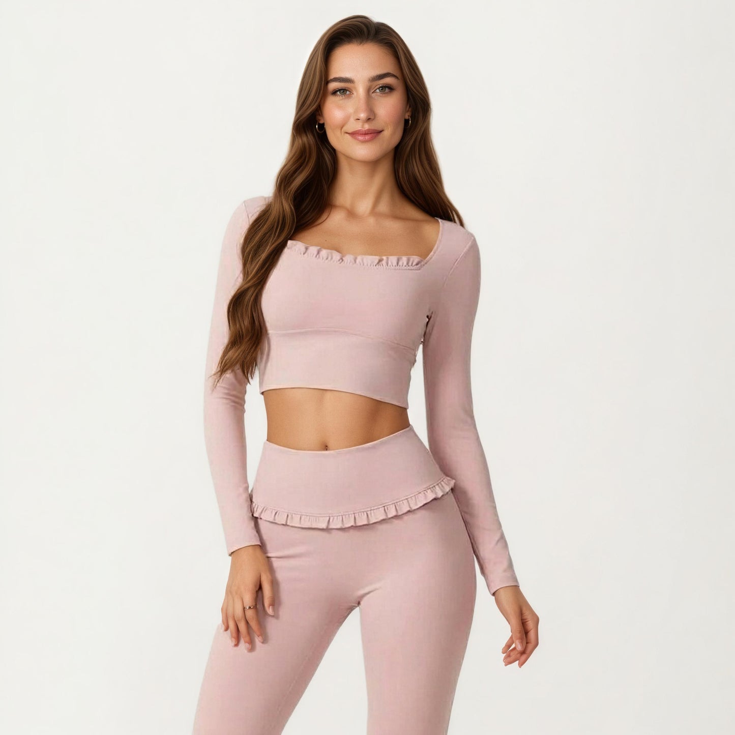Long Sleeve Square Neck Crop Top Ruffle Trim Stretch Activewear Fitted Workout Top