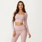 Long Sleeve Square Neck Crop Top Ruffle Trim Stretch Activewear Fitted Workout Top