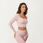 Long Sleeve Square Neck Crop Top Ruffle Trim Stretch Activewear Fitted Workout Top