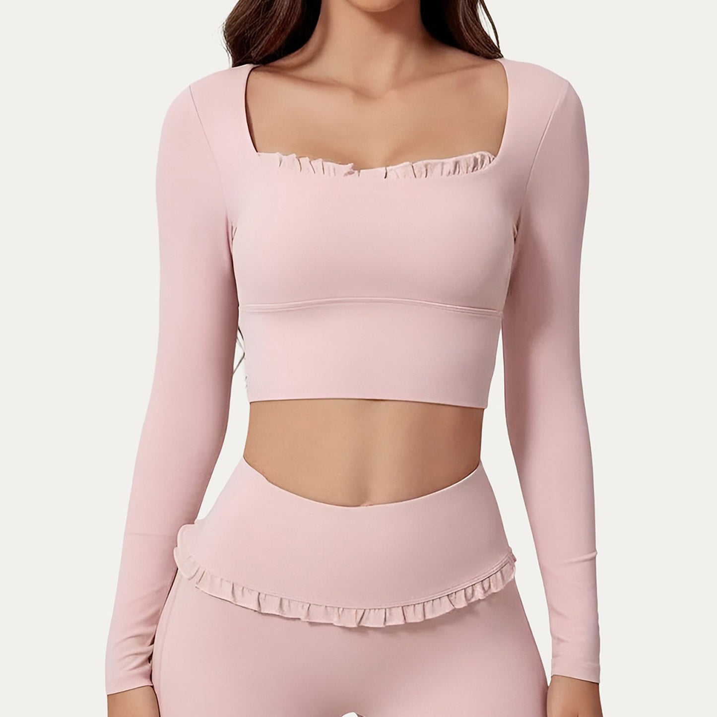Long Sleeve Square Neck Crop Top Ruffle Trim Stretch Activewear Fitted Workout Top