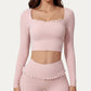 Long Sleeve Square Neck Crop Top Ruffle Trim Stretch Activewear Fitted Workout Top