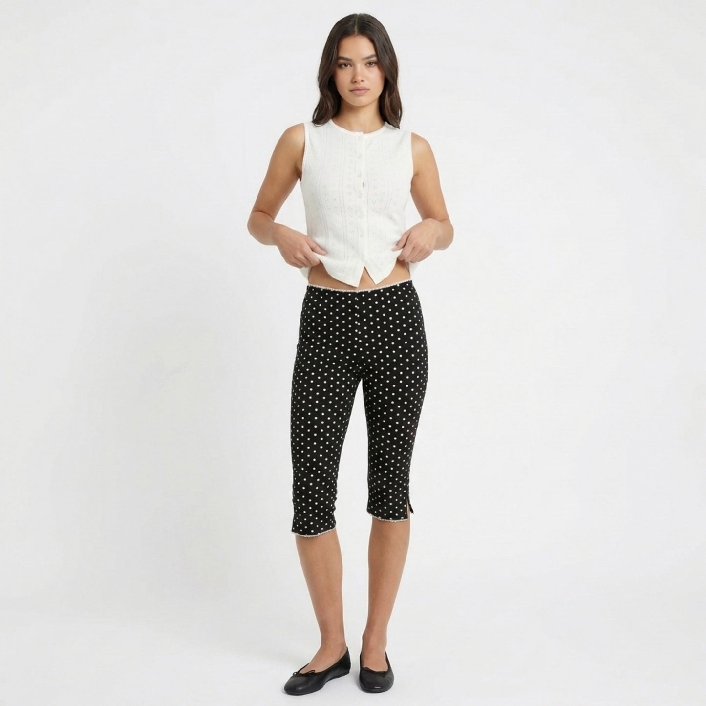 Polka Dot Capri Pants Mid Rise Stretch Fit Cropped Length Slim Silhouette