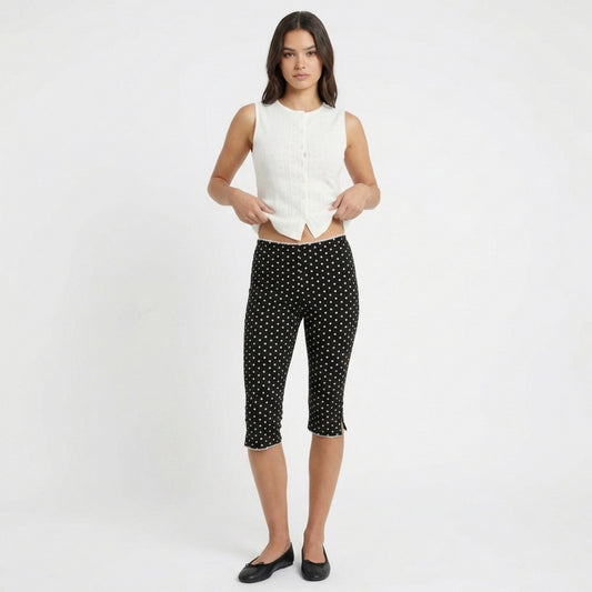 Polka Dot Capri Pants Mid Rise Stretch Fit Cropped Length Slim Silhouette