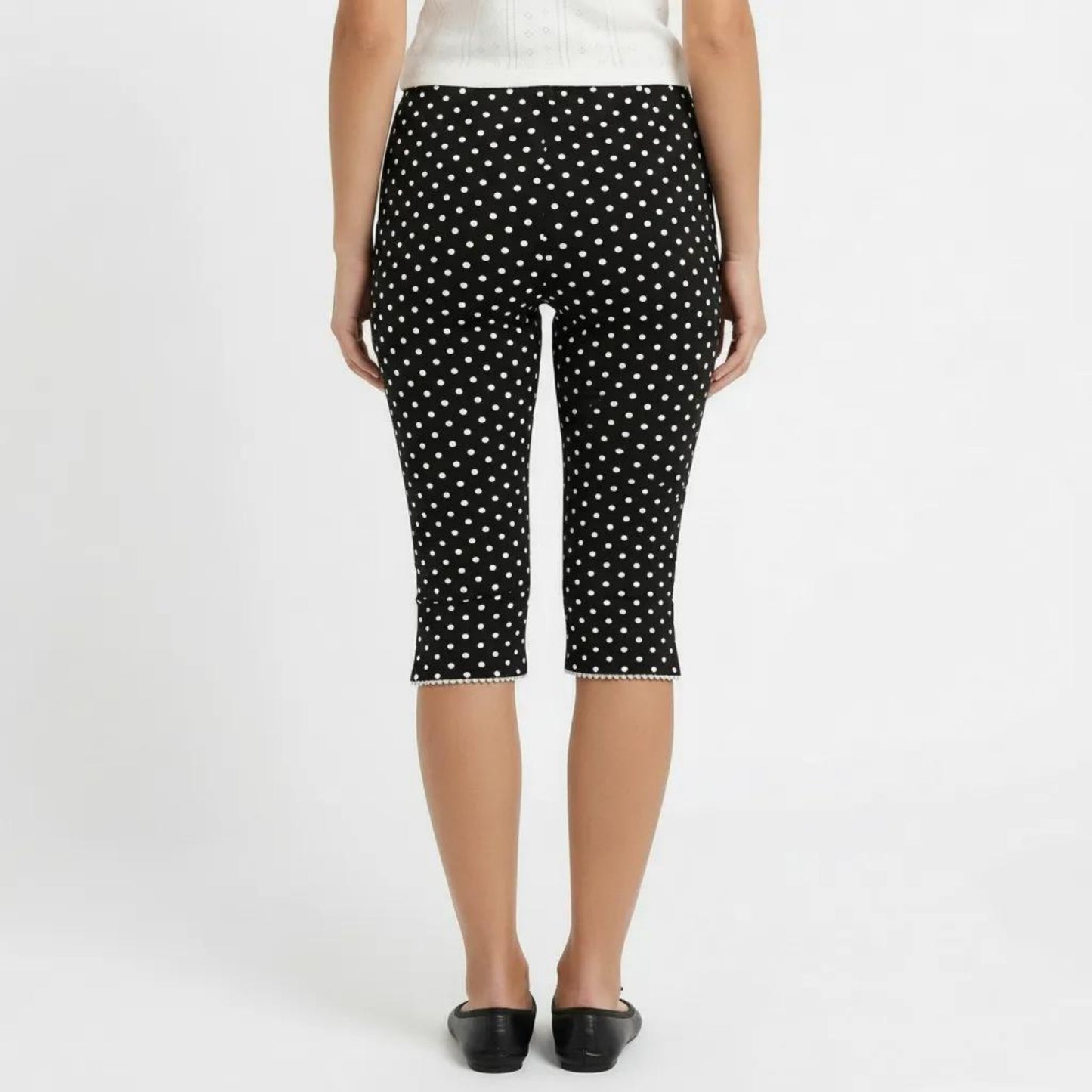 Polka Dot Capri Pants Mid Rise Stretch Fit Cropped Length Slim Silhouette