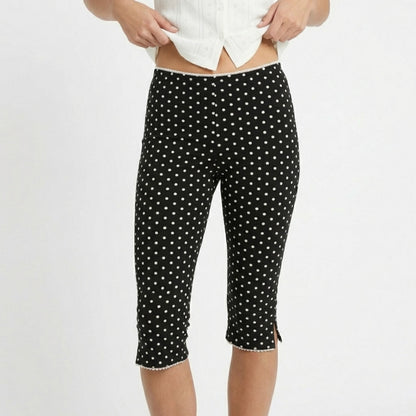 Polka Dot Capri Pants Mid Rise Stretch Fit Cropped Length Slim Silhouette