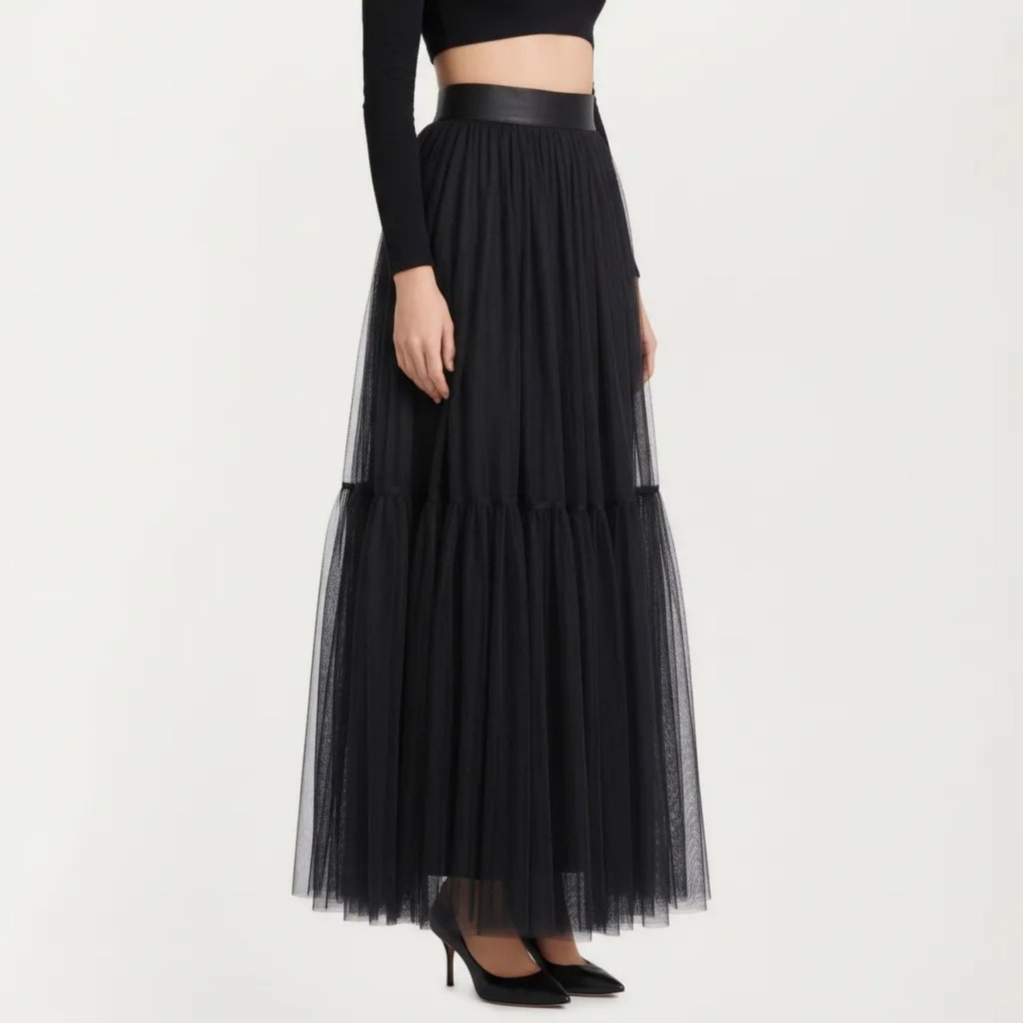 High Waist Layered Tulle Maxi Skirt with Tiered Mesh Overlay Elastic Waistband