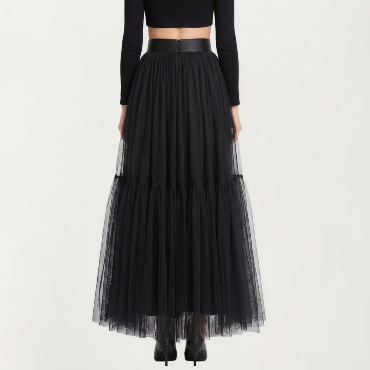 High Waist Layered Tulle Maxi Skirt with Tiered Mesh Overlay Elastic Waistband