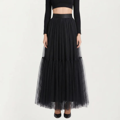 High Waist Layered Tulle Maxi Skirt with Tiered Mesh Overlay Elastic Waistband