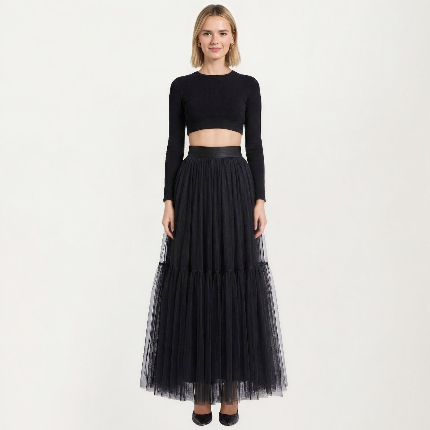 High Waist Layered Tulle Maxi Skirt with Tiered Mesh Overlay Elastic Waistband