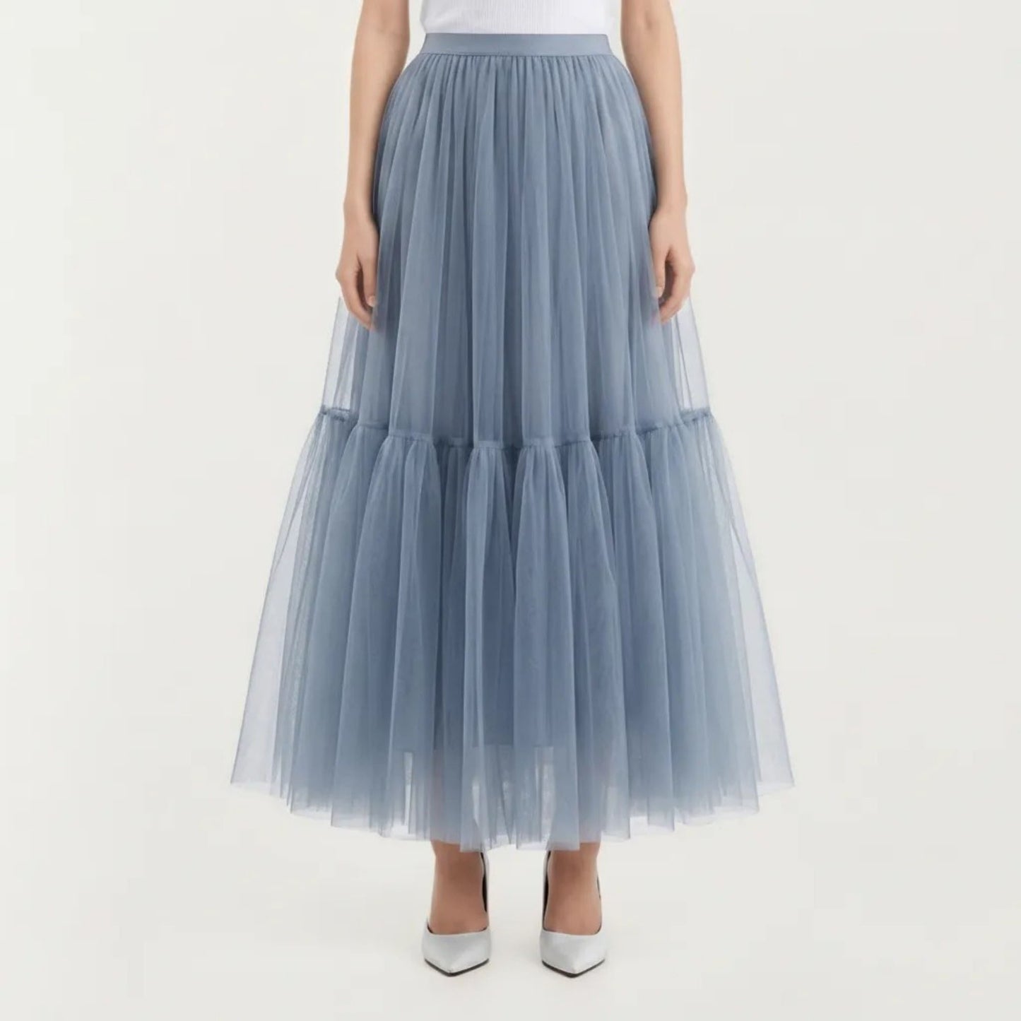 High Waist Layered Tulle Maxi Skirt with Tiered Mesh Overlay Elastic Waistband
