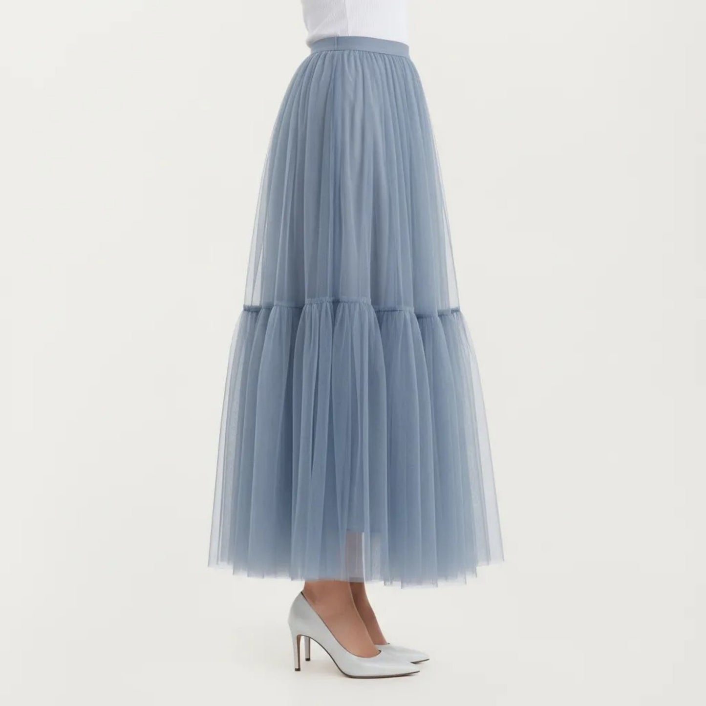 High Waist Layered Tulle Maxi Skirt with Tiered Mesh Overlay Elastic Waistband