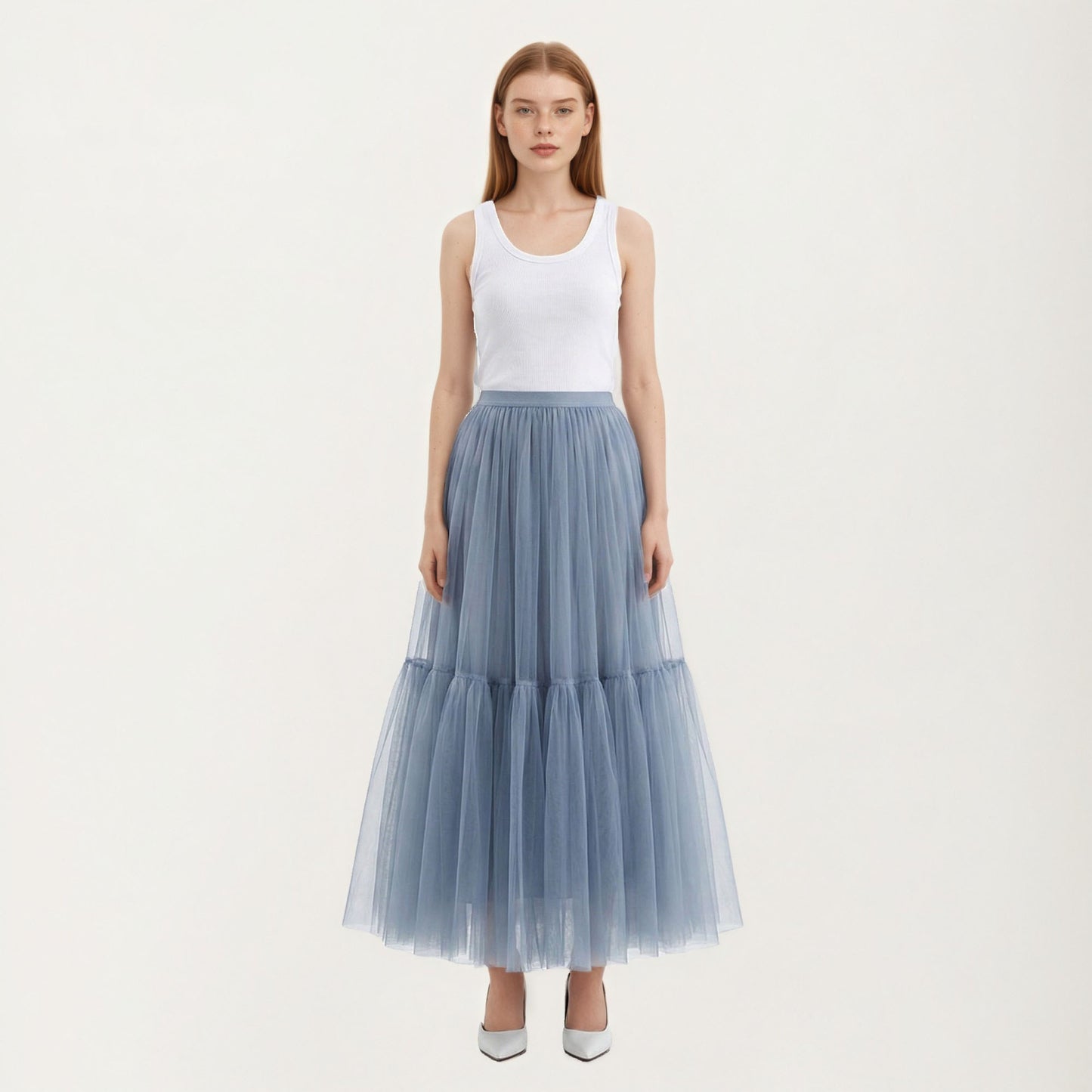 High Waist Layered Tulle Maxi Skirt with Tiered Mesh Overlay Elastic Waistband