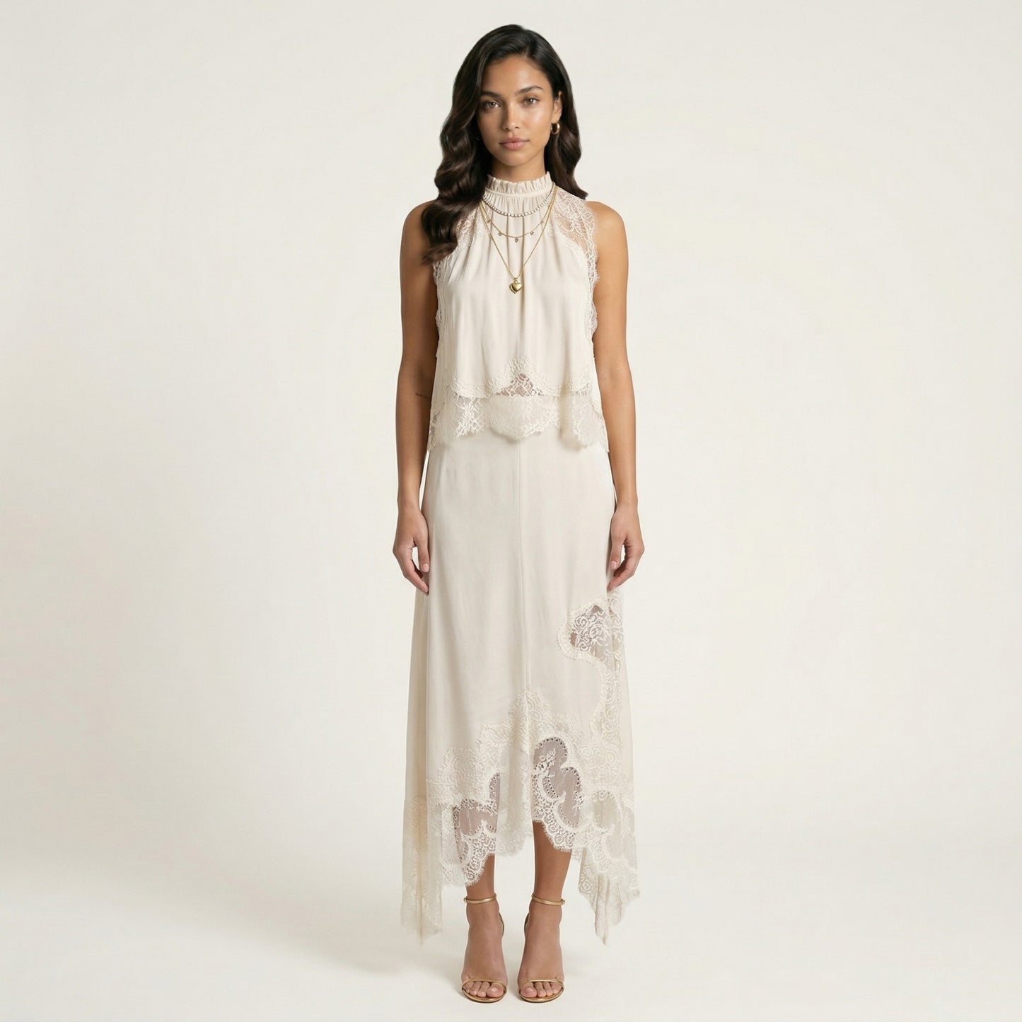 2-Piece Set Sleeveless High Neck Lace Trim Top and Asymmetrical Hem Midi Skirt