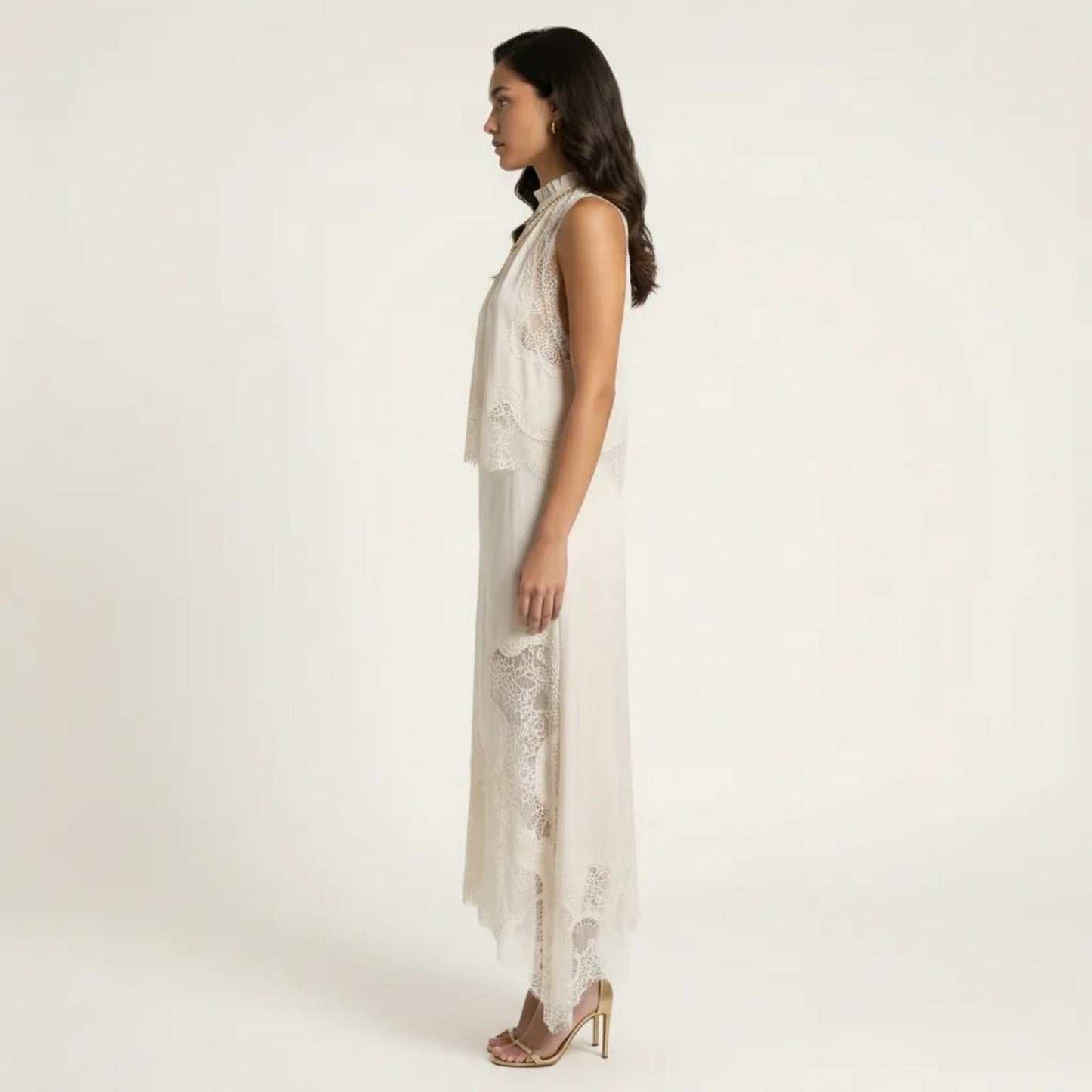 2-Piece Set Sleeveless High Neck Lace Trim Top and Asymmetrical Hem Midi Skirt