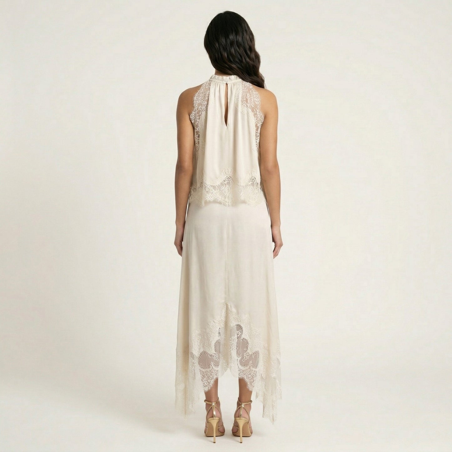 2-Piece Set Sleeveless High Neck Lace Trim Top and Asymmetrical Hem Midi Skirt
