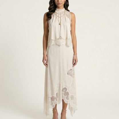 2-Piece Set Sleeveless High Neck Lace Trim Top and Asymmetrical Hem Midi Skirt
