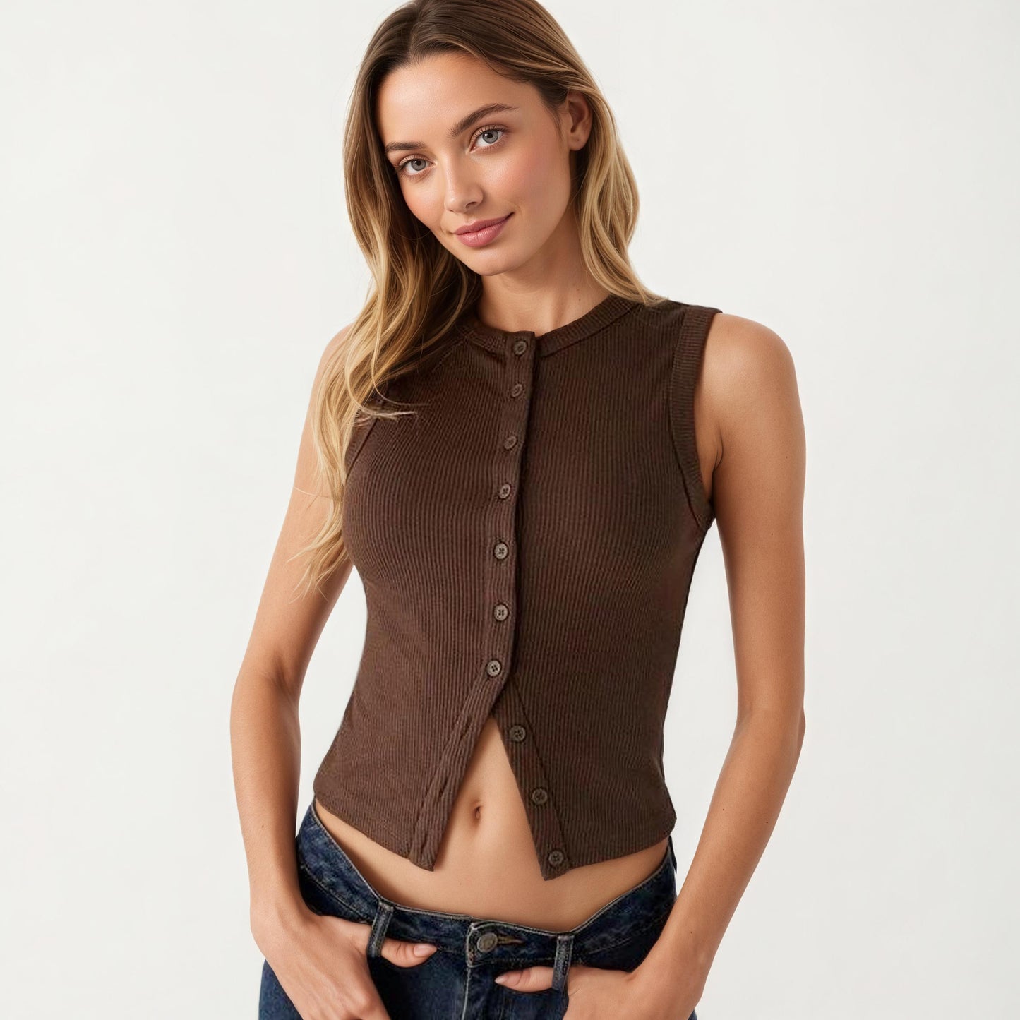 Sleeveless Ribbed Knit Button Front Tank Top Fitted Stretch Casual Summer Layering Top