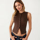 Sleeveless Ribbed Knit Button Front Tank Top Fitted Stretch Casual Summer Layering Top