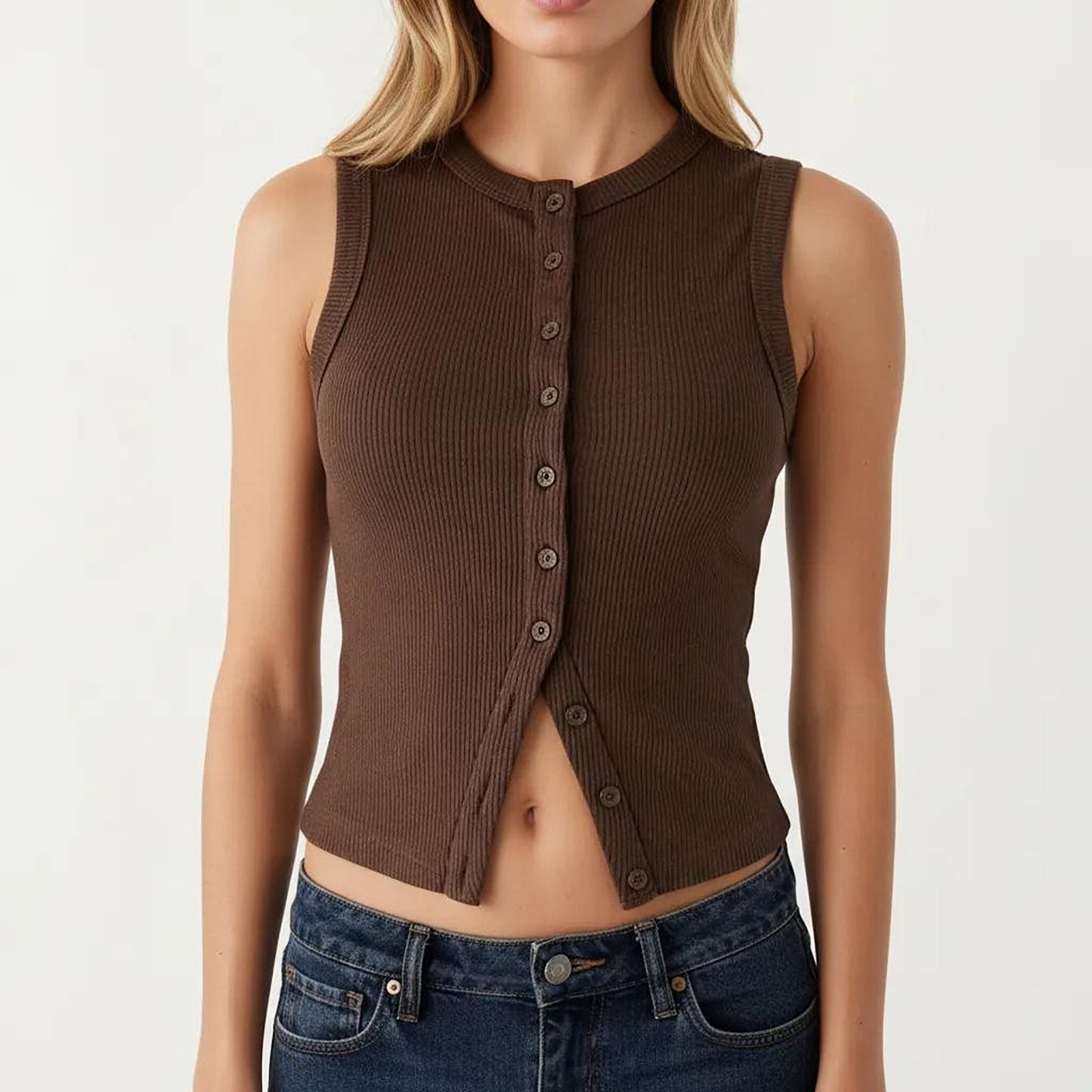 Sleeveless Ribbed Knit Button Front Tank Top Fitted Stretch Casual Summer Layering Top