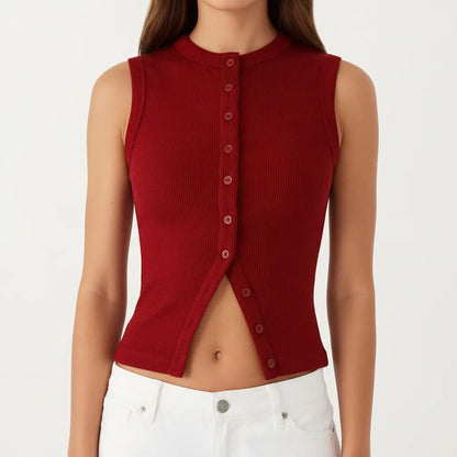 Sleeveless Ribbed Knit Button Front Tank Top Fitted Stretch Casual Summer Layering Top