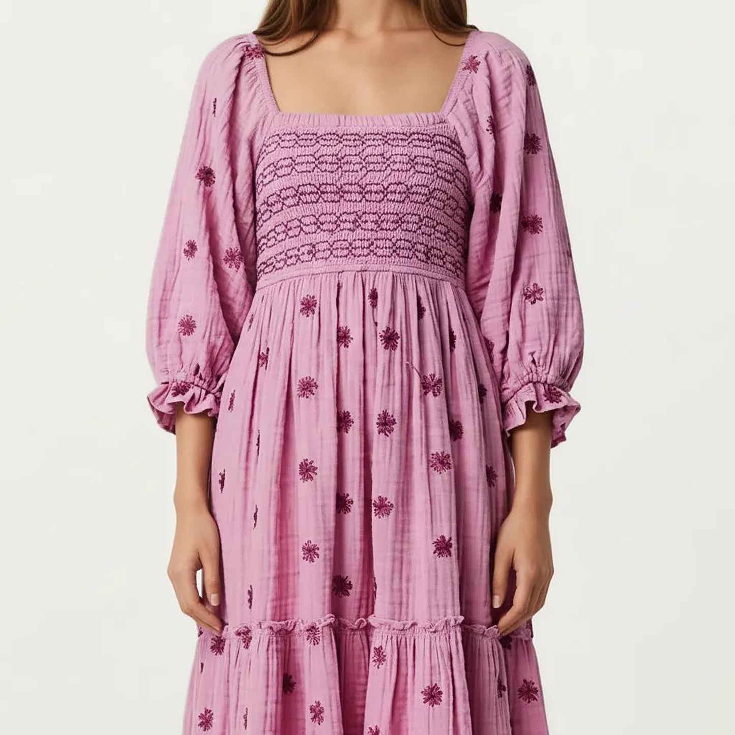 Smocked Square Neck Maxi Dress with Embroidered Floral Pattern Puff Sleeves