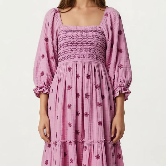 Smocked Square Neck Maxi Dress with Embroidered Floral Pattern Puff Sleeves