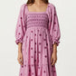 Smocked Square Neck Maxi Dress with Embroidered Floral Pattern Puff Sleeves