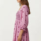 Smocked Square Neck Maxi Dress with Embroidered Floral Pattern Puff Sleeves
