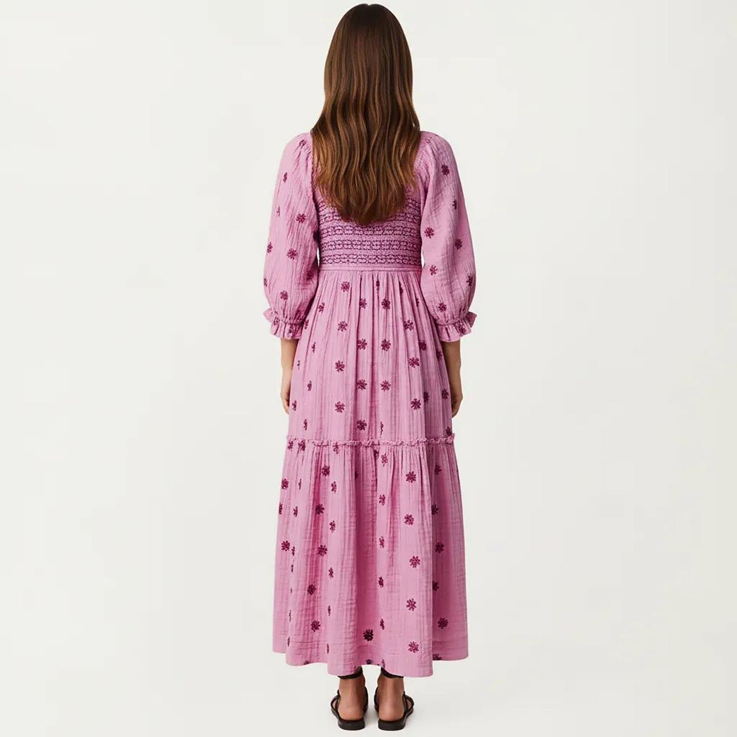 Smocked Square Neck Maxi Dress with Embroidered Floral Pattern Puff Sleeves