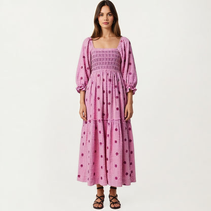 Smocked Square Neck Maxi Dress with Embroidered Floral Pattern Puff Sleeves