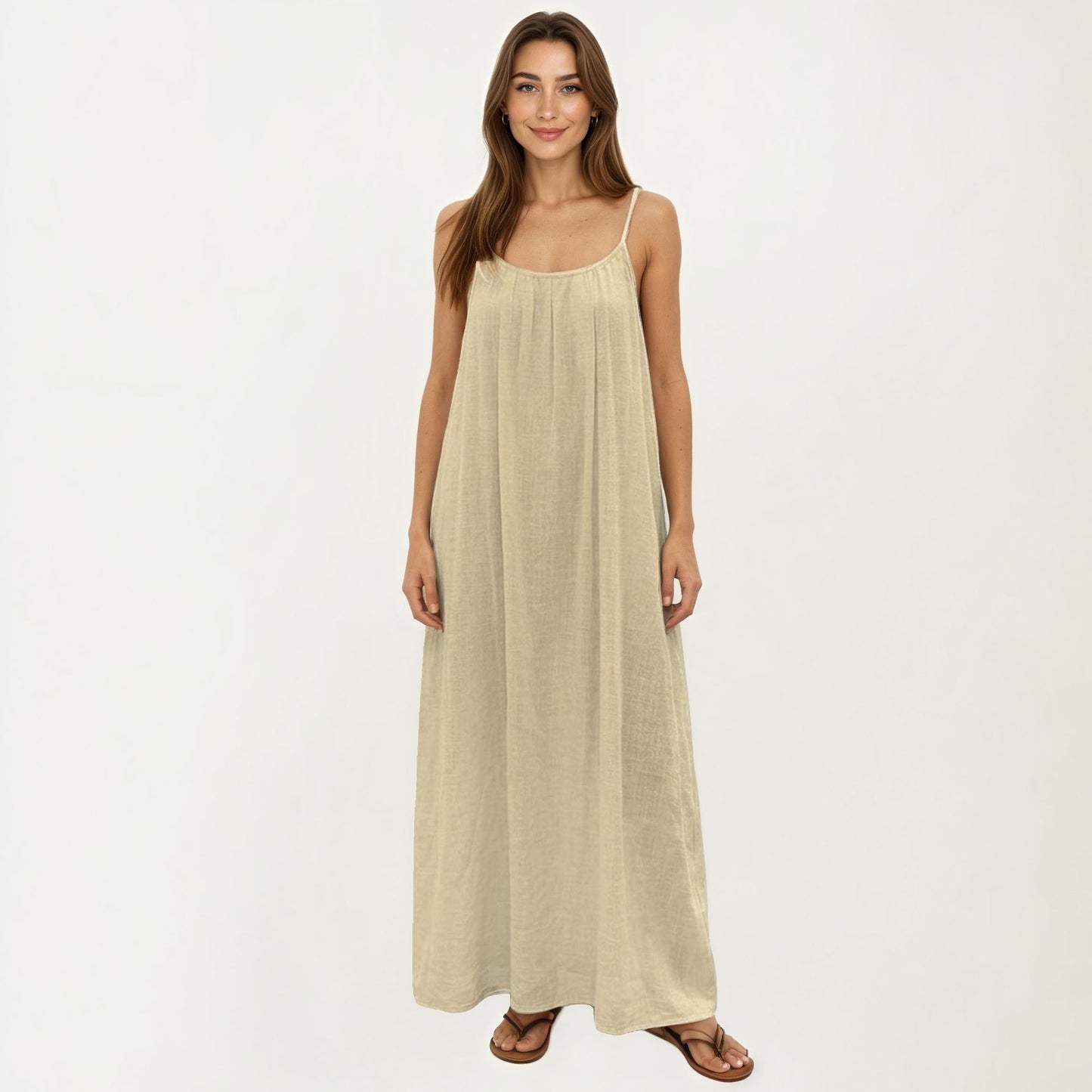 Sleeveless Spaghetti Strap Maxi Dress with Flowing Relaxed Silhouette Lightweight Fabric