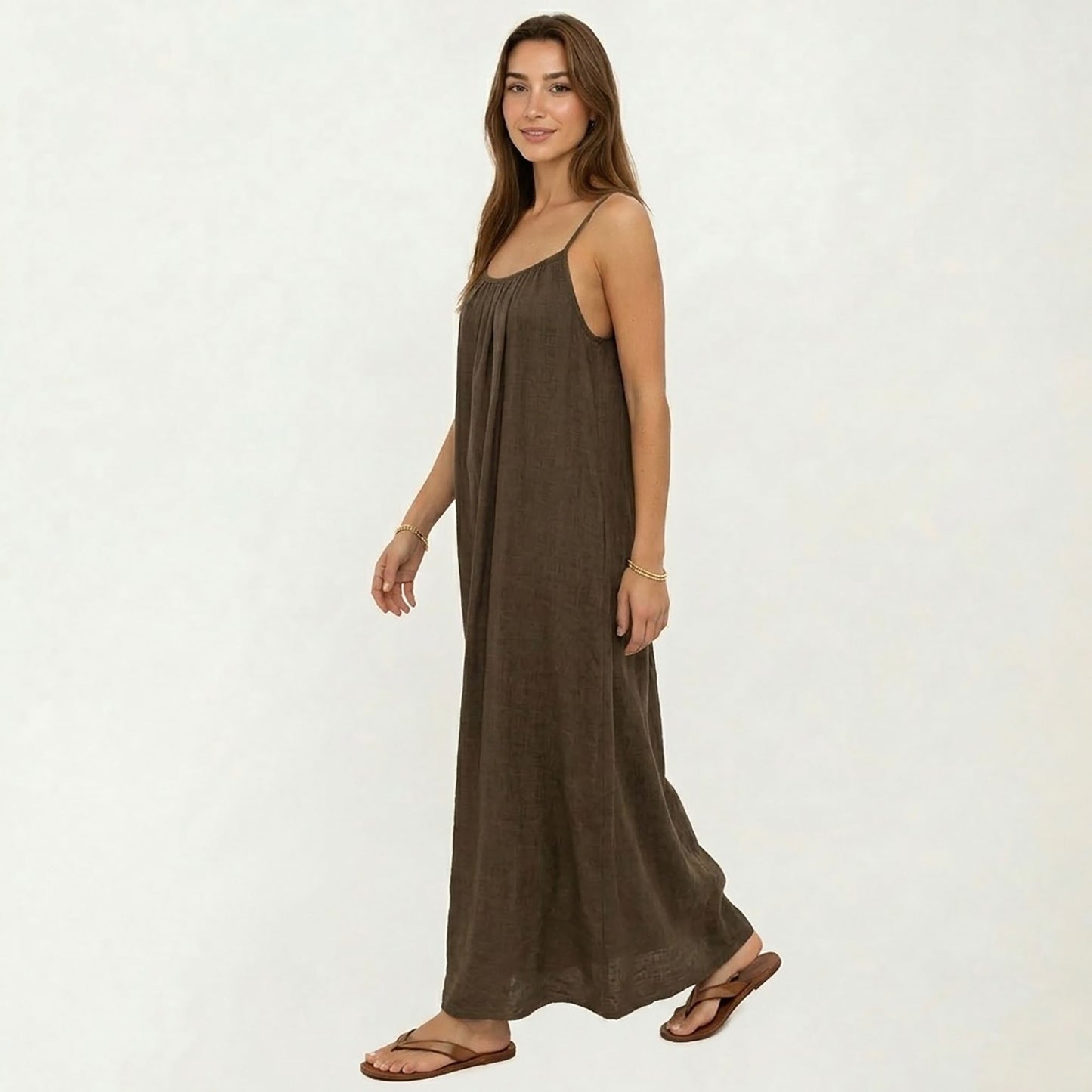 Sleeveless Spaghetti Strap Maxi Dress with Flowing Relaxed Silhouette Lightweight Fabric
