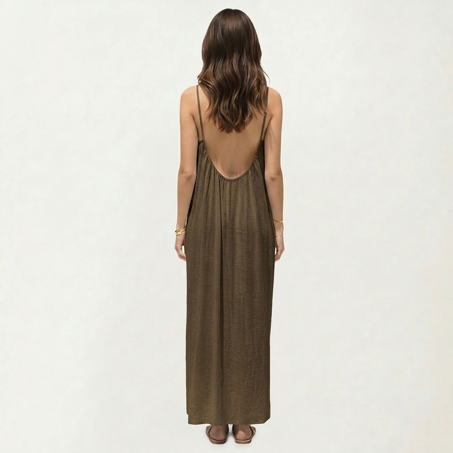 Sleeveless Spaghetti Strap Maxi Dress with Flowing Relaxed Silhouette Lightweight Fabric