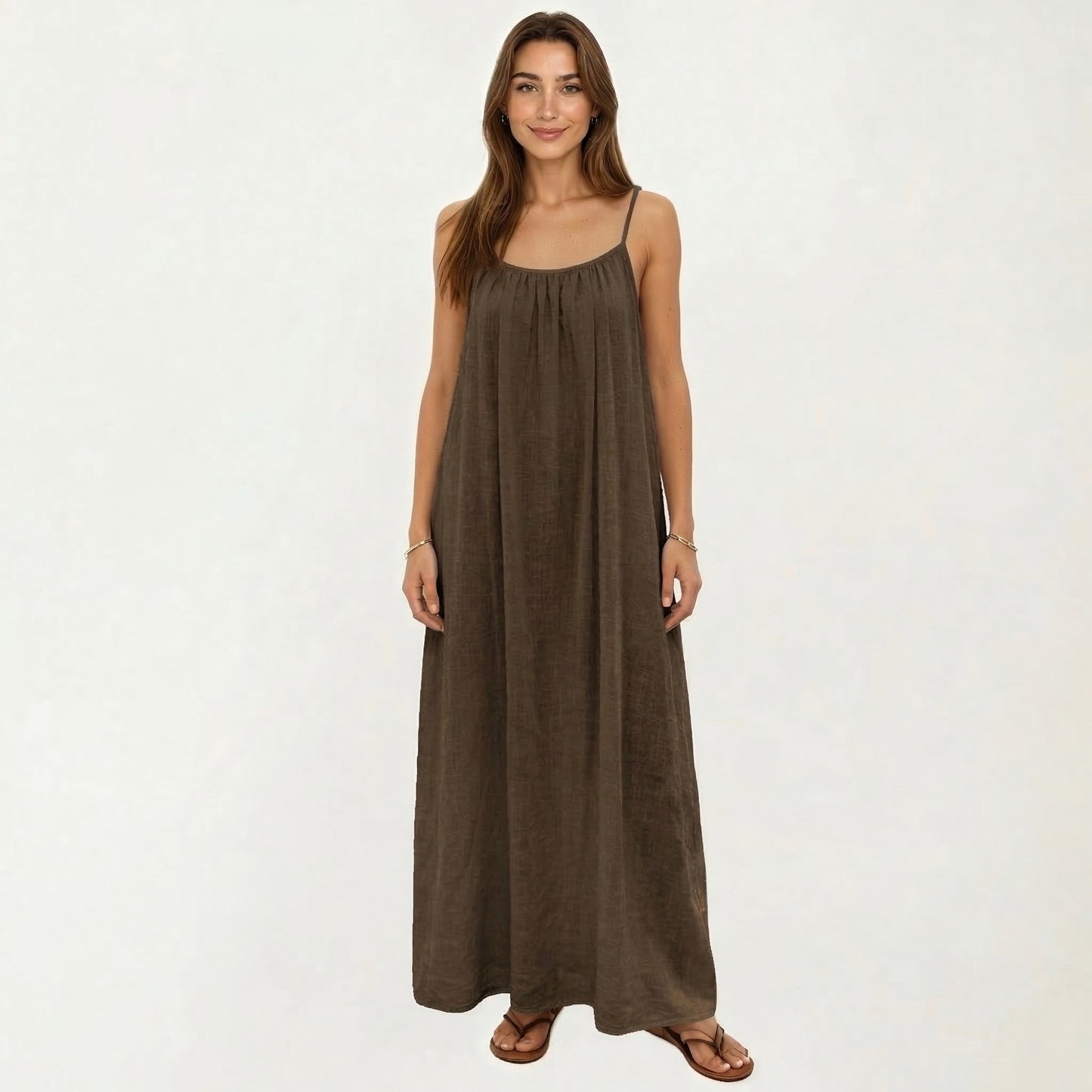 Sleeveless Spaghetti Strap Maxi Dress with Flowing Relaxed Silhouette Lightweight Fabric