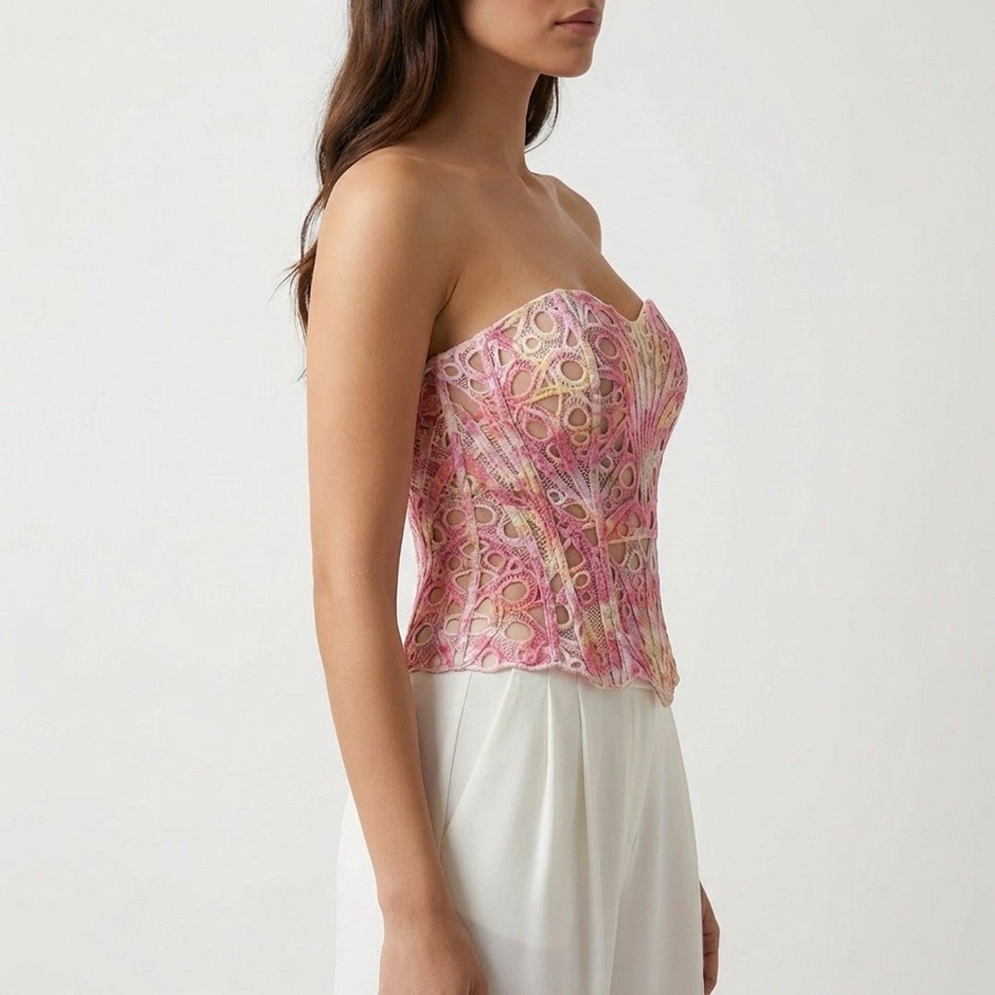 Strapless Lace Corset Top Structured Boned Bustier Peplum Hem Shaping Bodice Statement Top
