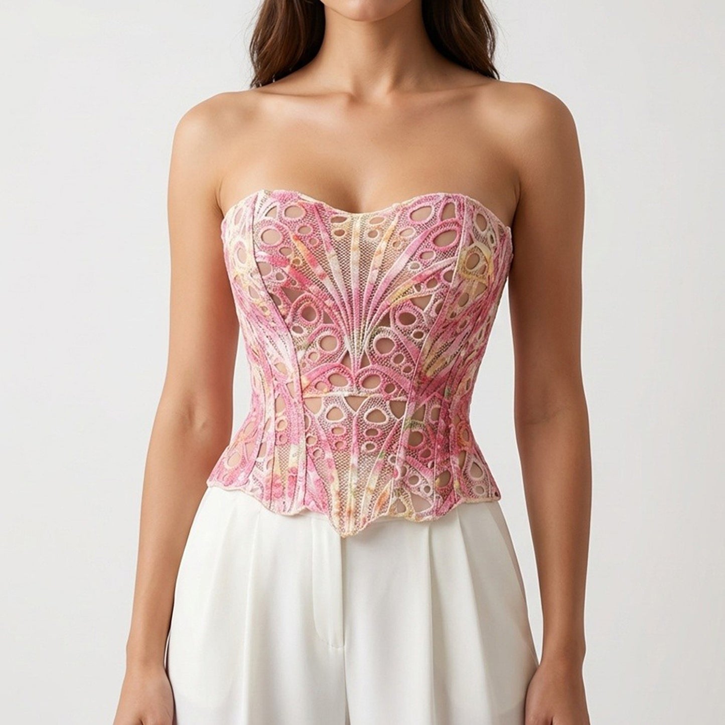 Strapless Lace Corset Top Structured Boned Bustier Peplum Hem Shaping Bodice Statement Top