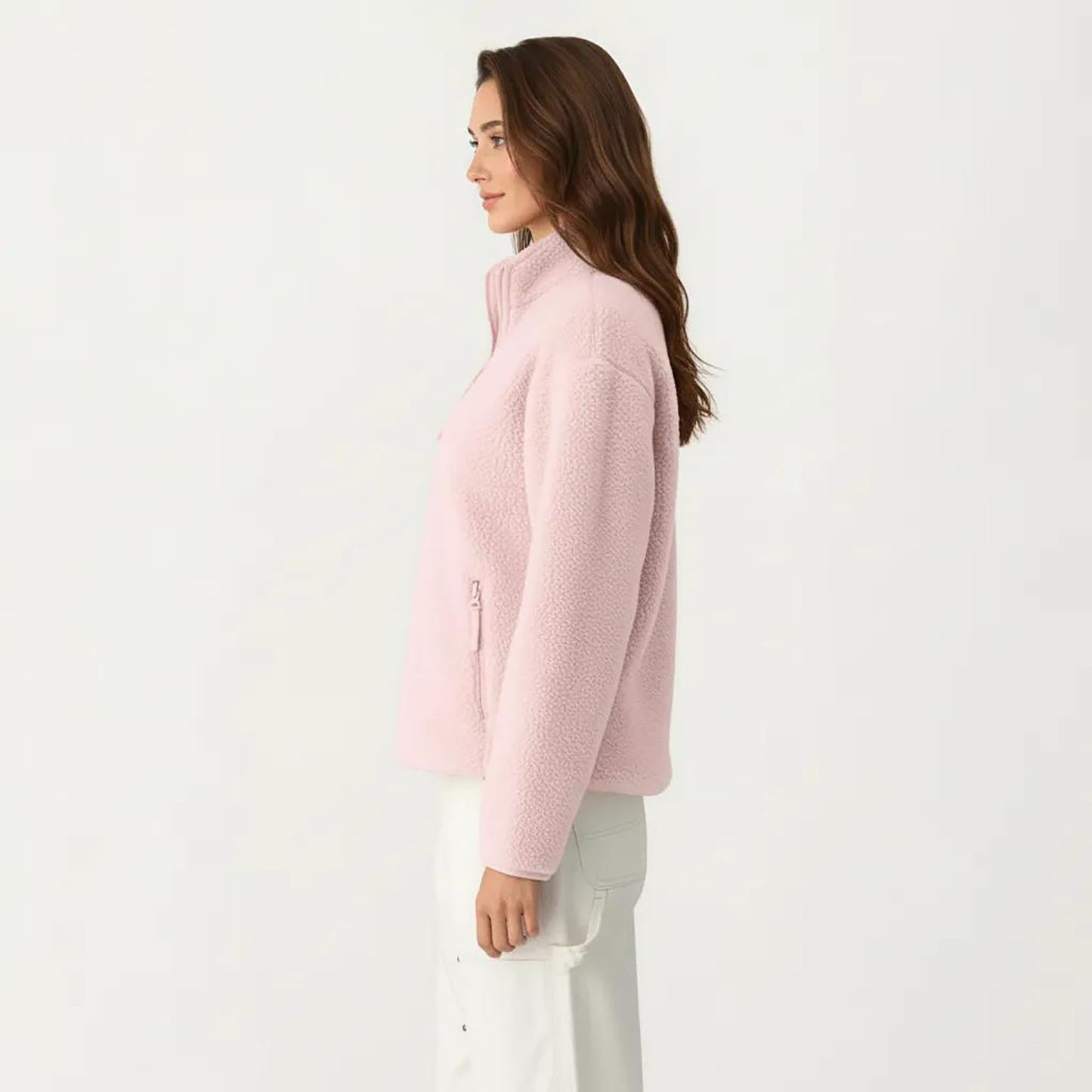 High Pile Fleece Pullover Jacket with Half Zip Front Stand Collar Long Sleeves