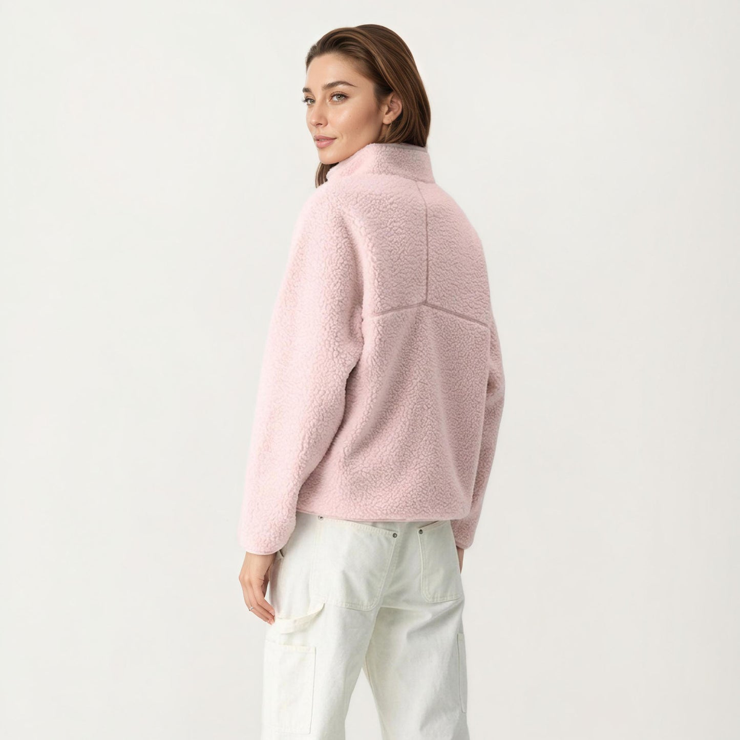 High Pile Fleece Pullover Jacket with Half Zip Front Stand Collar Long Sleeves